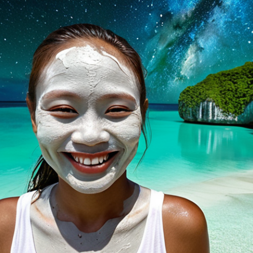 Home 4 A person covered in white mud at Palau's Milky Way, smiling with emerald waters and limestone cliffs in the background.