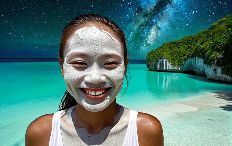 A person covered in white mud at Palau's Milky Way, smiling with emerald waters and limestone cliffs in the background.