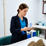 A professional female traveler, fully clothed in modest, appropriate attire, engages in a consultation with a male doctor in a clean, well-lit medical clinic. Both subjects exhibit perfect anatomy, correct proportions, and natural poses, with well-formed hands and proper finger counts. The doctor is attentively listening, while the traveler holds a compact, neatly organized travel medical kit on the examination table. The background is a professional, serene clinic room. This image is safe for work, appropriate content, fully clothed, professional, high quality, ultra-detailed, realistic photography, natural body proportions.