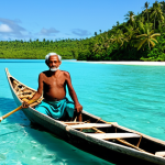 A wise Palauan elder fisherman, fully clothed in modest, traditional fishing attire, stands gracefully on a small wooden outrigger canoe. He gently holds a meticulously hand-woven net crafted from natural coconut fibers. His serene gaze is directed towards the vast, calm turquoise ocean, reflecting deep respect and understanding. The scene is bathed in warm, golden sunlight, with distant lush green islands on the horizon. The water is crystal clear, emphasizing the pristine environment. This professional documentary style photography features perfect anatomy, correct proportions, a natural pose, well-formed hands, proper finger count, and natural body proportions, ensuring safe for work, appropriate content, and a family-friendly, professional image.