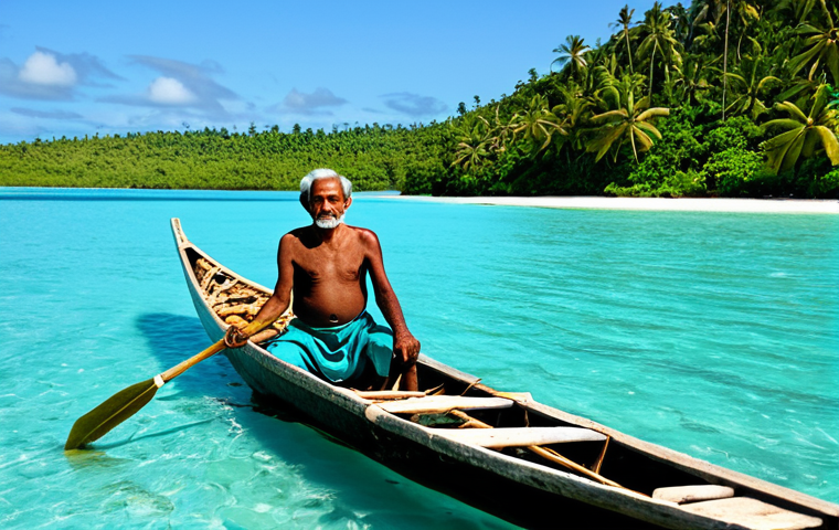 A wise Palauan elder fisherman, fully clothed in modest, traditional fishing attire, stands gracefully on a small wooden outrigger canoe. He gently holds a meticulously hand-woven net crafted from natural coconut fibers. His serene gaze is directed towards the vast, calm turquoise ocean, reflecting deep respect and understanding. The scene is bathed in warm, golden sunlight, with distant lush green islands on the horizon. The water is crystal clear, emphasizing the pristine environment. This professional documentary style photography features perfect anatomy, correct proportions, a natural pose, well-formed hands, proper finger count, and natural body proportions, ensuring safe for work, appropriate content, and a family-friendly, professional image.