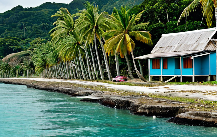 Eroding Coastline**

"A coastal village in Palau, with rising sea levels encroaching on homes, fully clothed villagers observing the water line, modest houses partially submerged, palm trees leaning precariously, appropriate content, safe for work, perfect anatomy, correct proportions, professional photography, environmental concern, fully clothed"

**