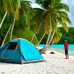 팔라우에서 캠핑 가능한 장소 - Beach Camping Scene**

"A family-friendly scene of a campsite on a pristine beach in Palau. A modest...